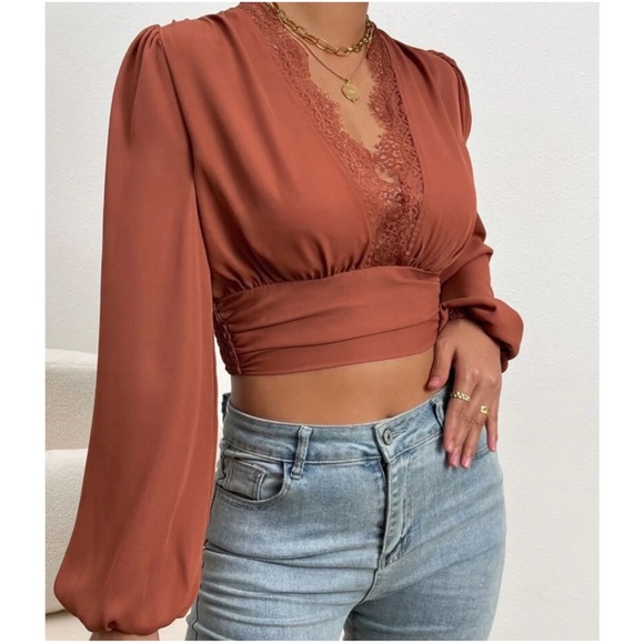 Plunging Neck Lace Bishop Long Sleeve Lace Cropped top - Picture 4 of 10